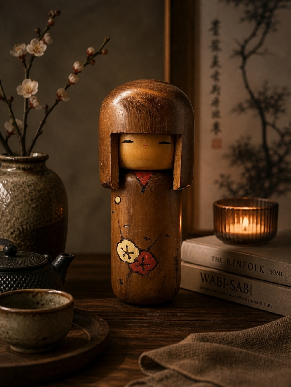 Vintage Japanese Kokeshi Doll 8” Signed Sosaku | Hand Painted Plum Blossom Wood